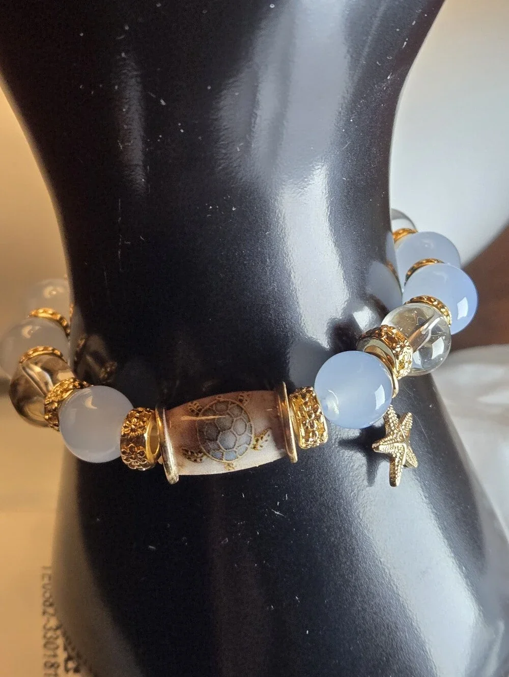 Crystal Bead Bracelet with Ceramic Sea Turtle Pendant & Gold-tone Starfish